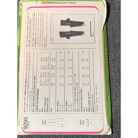 Simplicity Misses Romper Sewing Pattern sz 10 12 9295 - Picture 3 of 3